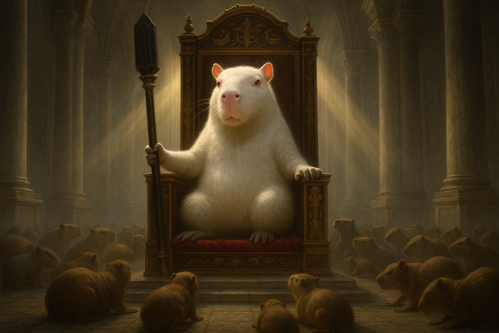 Albino capybara sitting on a royal throne with a scepter