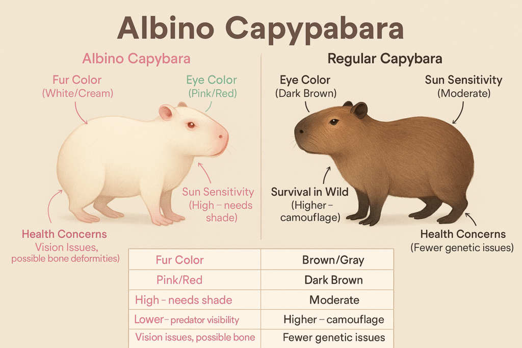 Detailed infographic comparing Albino Capybara and Regular Capybara characteristics