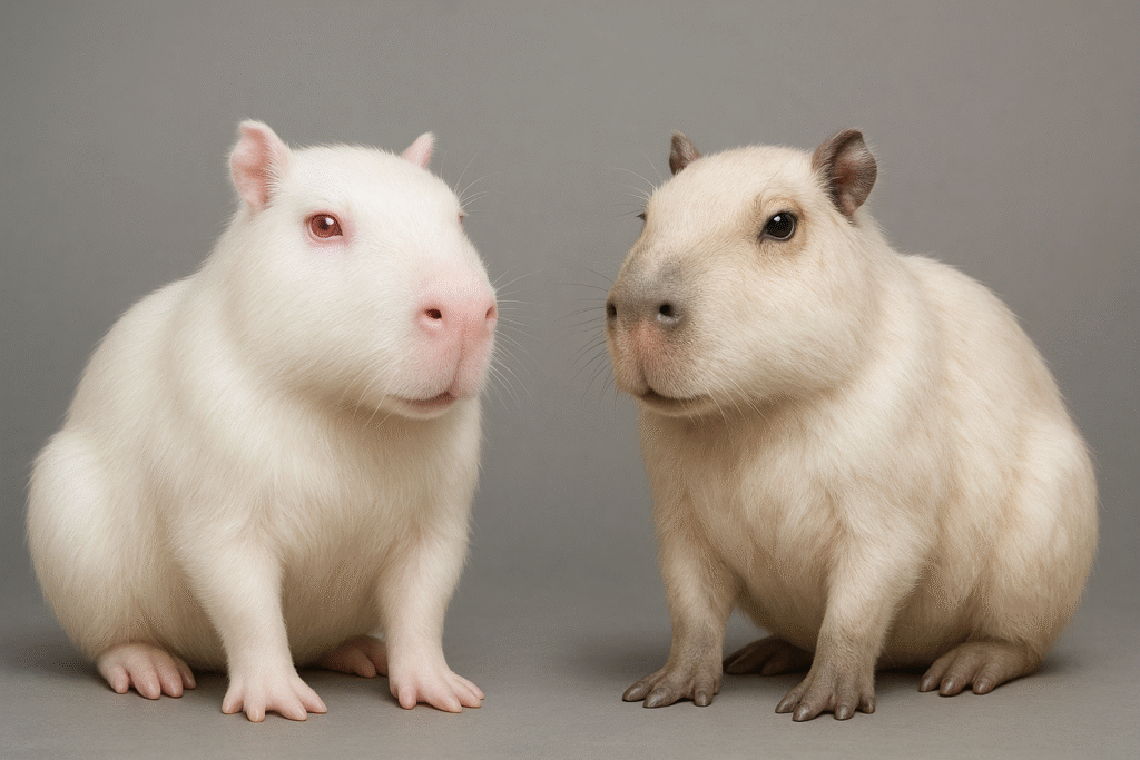 Albino Capybara with pink eyes and white fur standing next to a leucistic capybara.