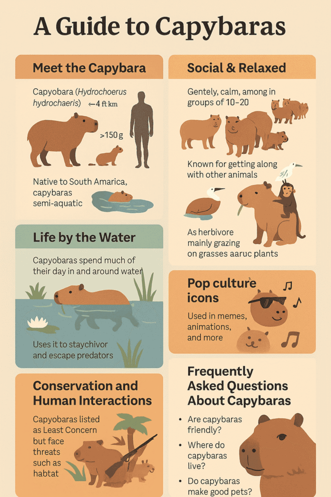 Infographic about capybaras featuring sections on their size, social behavior, habitat, role in pop culture, conservation status, and frequently asked questions.