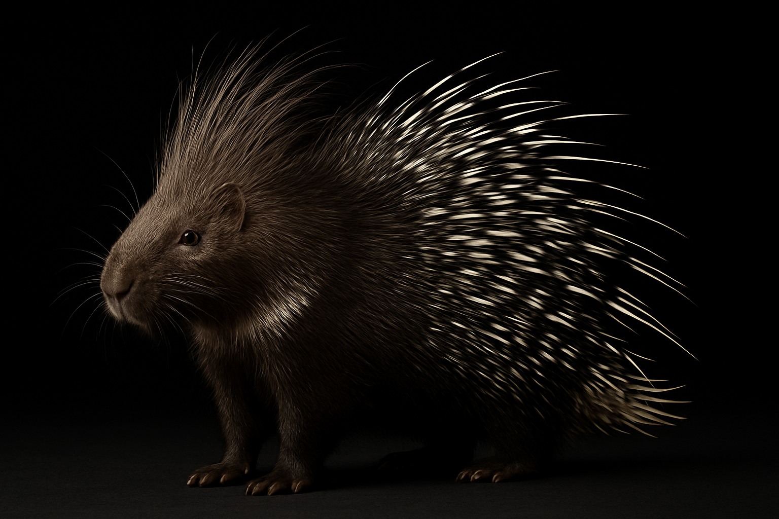 African crested porcupine with sharp quills standing on a black surface, captured in a studio-style high-resolution portrait
