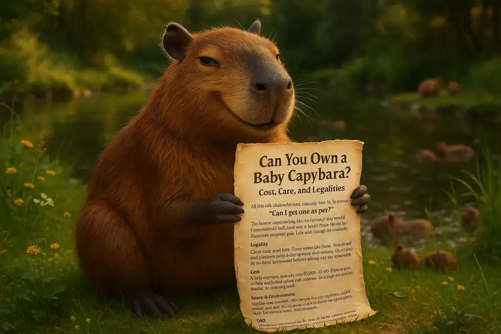 Sassy capybara holding a paper with details on owning a baby capybara, including cost, care, and legalities.