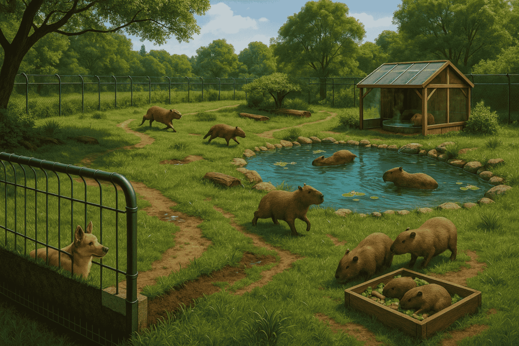 A peaceful capybara sanctuary with a pond, a wooden shelter, and capybaras grazing and swimming while a dog looks on from outside the fence.