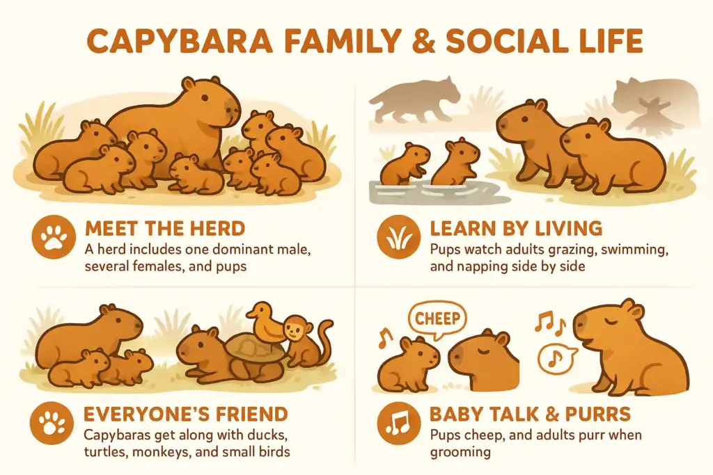 Infographic about capybara family and social life, showing the herd structure, learning behaviors, friendships with other animals, and baby capybara sounds.