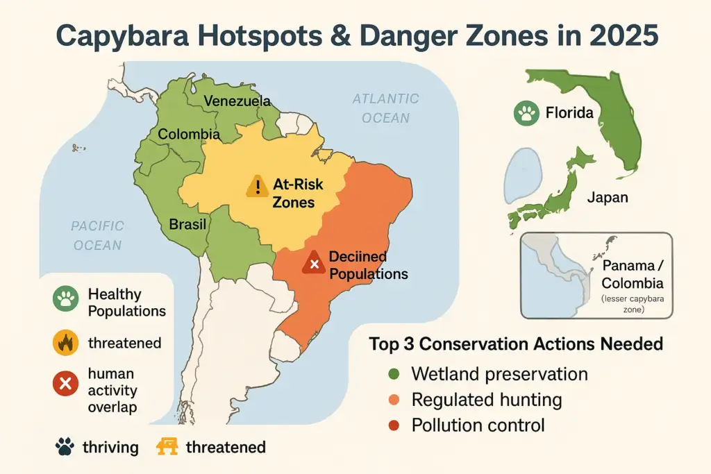 Capybara hotspots and danger zones in the 2025 marked on world map.
it provides details about healthy population, threatened and human activity overlap.