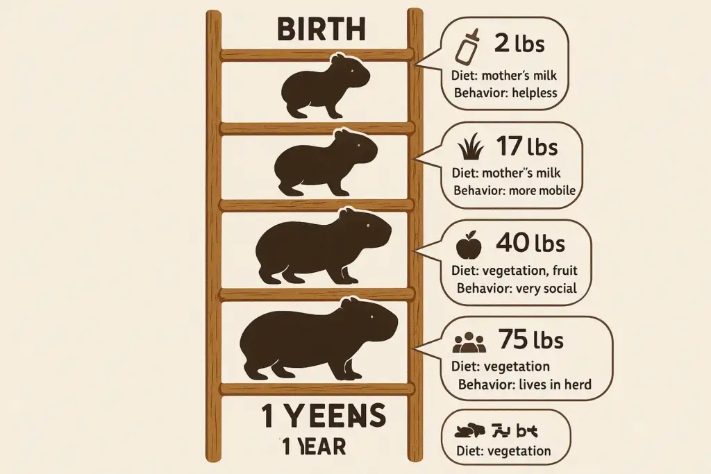 Infographic showing the growth stages of a capybara, from birth to adulthood, including weight, diet, and behavior.