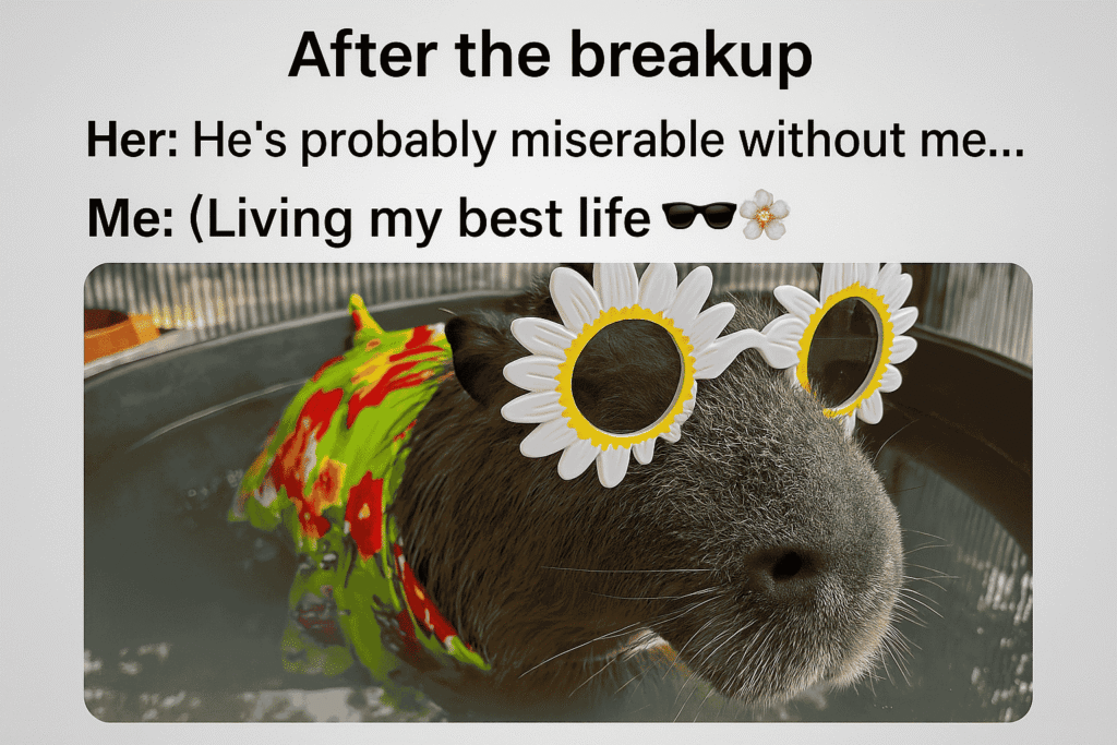 A capybara wearing flower-shaped sunglasses and a colorful shirt, living its best life in a tub, with a humorous breakup meme caption.