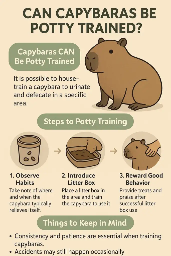 An infographic explaining that capybaras can be potty trained. It outlines steps such as observing habits, introducing a litter box, and rewarding good behavior. It also mentions things to keep in mind, like consistency and patience.