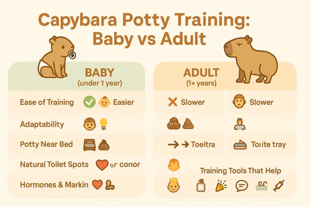 this infographic shows comparison between training new born and adult capybara.