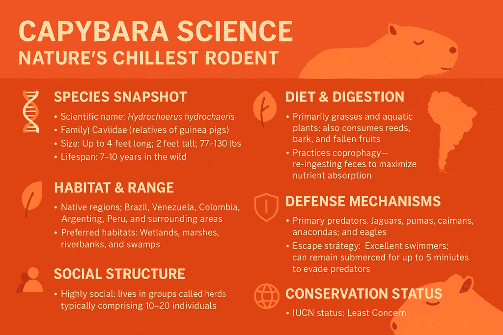 Infographic about capybaras, featuring details on species, diet, habitat, social structure, defense mechanisms, and conservation status.