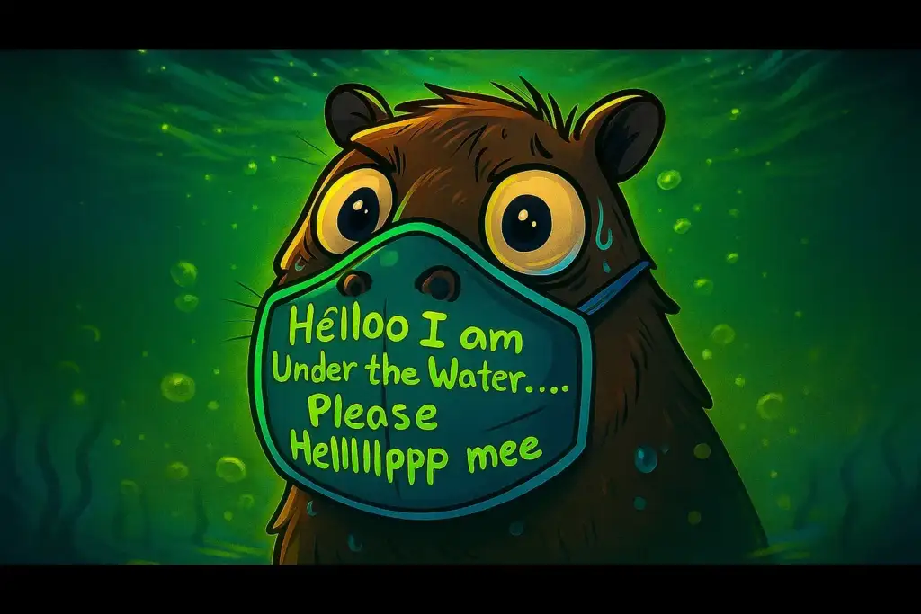 Cartoon capybara submerged in toxic green chlorinated water with a colorful mask on its face, saying ‘Helloo I am Under the Water.... Please Helllppp mee’ in neon-colored text. The background is filled with chlorine bubbles and soft lighting, creating a lighthearted yet chaotic underwater scene.