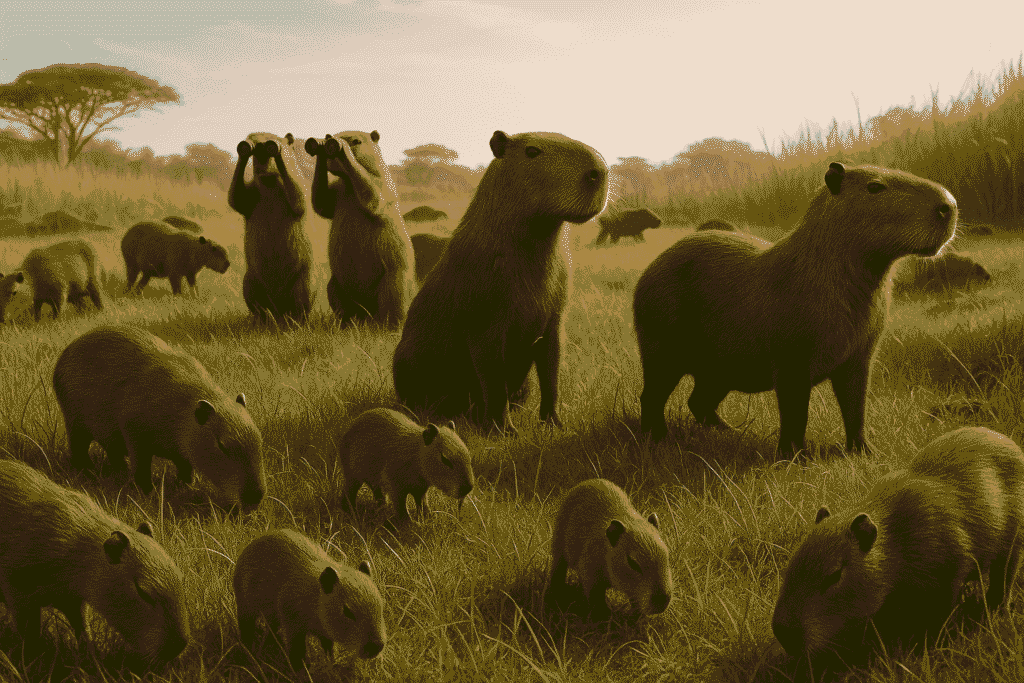 A group of capybaras in a grassy savanna, some are using binoculars while others are calmly grazing.