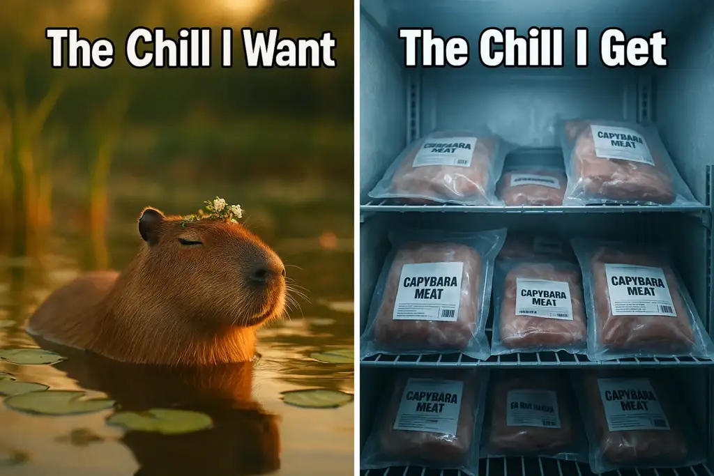 Two-panel meme contrasting capybara life β left side shows a peaceful capybara in wetland during golden hour symbolizing natural habitat; right side shows capybara meat in a freezer under cold fluorescent light, highlighting the harsh reality of illegal capybara meat trade and capybara endangerment. Keywords: capybara endangered, capybara habitat, capybara meat industry, save capybaras, capybara protection, animal cruelty awareness, wildlife conservation meme.