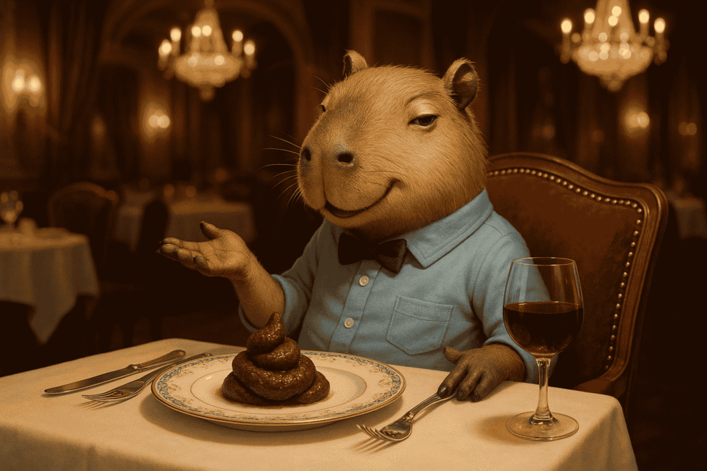 A capybara dining at an upscale restaurant, humorously served a plate with a pile of poop, wearing a blue shirt and bow tie.