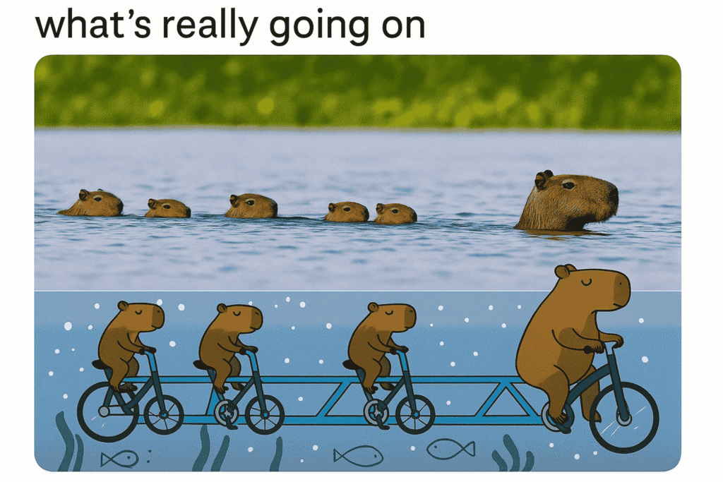 A group of capybaras swimming, followed by a funny illustration of capybaras riding a tandem bicycle underwater.