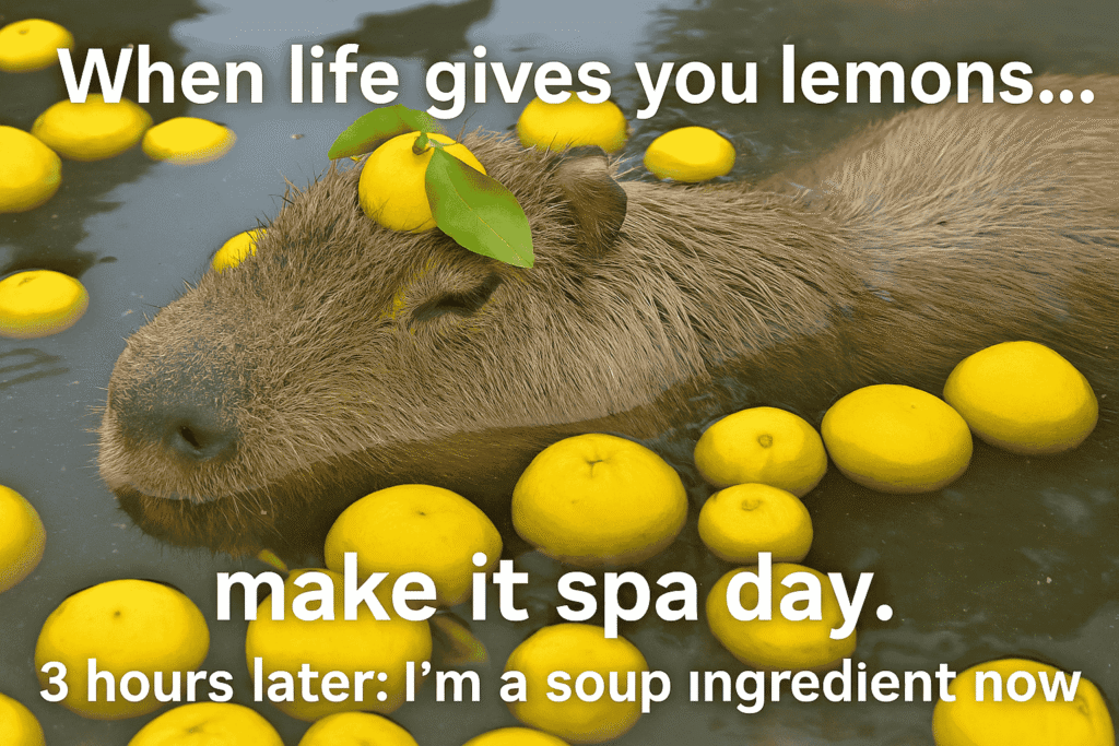 A capybara floating in a pool with lemons around it, humorously captioned about turning a tough situation into a spa day.