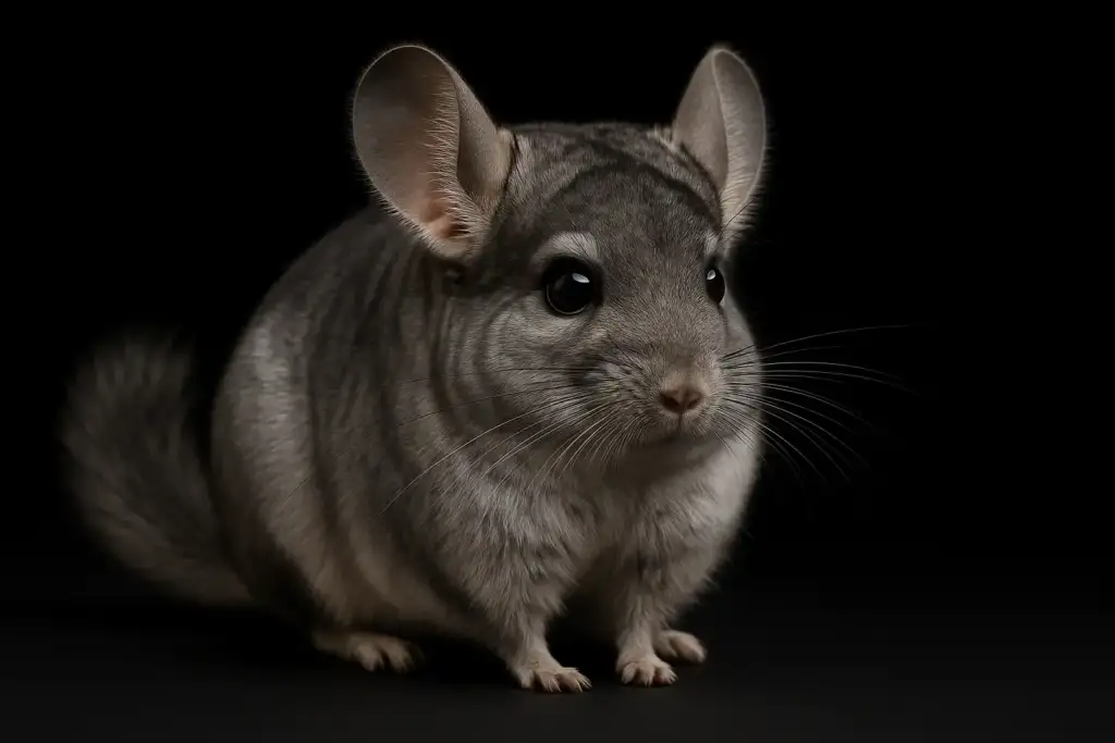 Hyper-realistic chinchilla sitting on a matte black surface, showcasing dense gray fur, large ears, and glossy black eyes