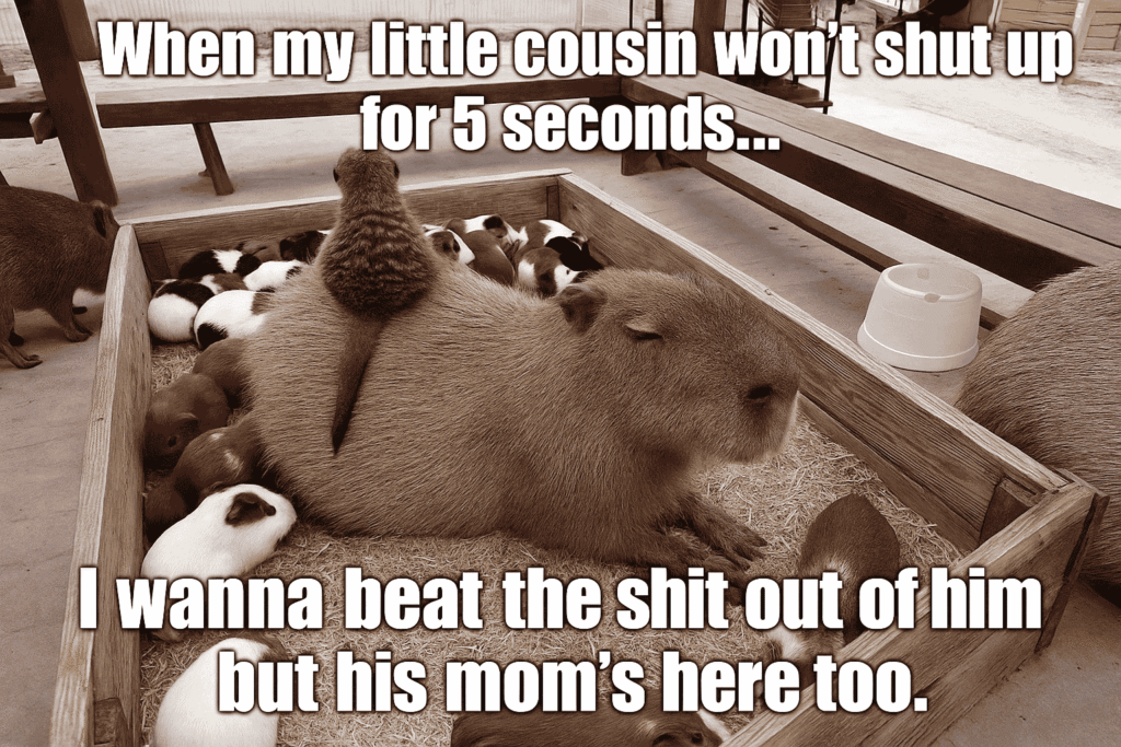 A capybara surrounded by guinea pigs with a humorous caption about dealing with a noisy little cousin.