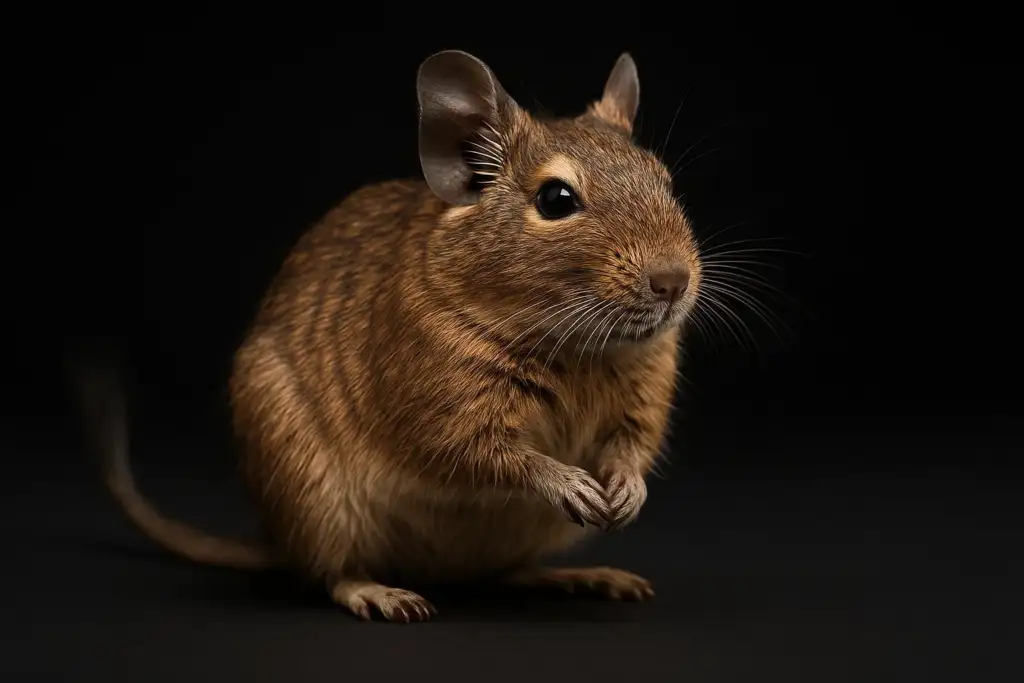 A close-up portrait of a Degu (Octodon degus), a small rodent from Chile, captured in a high-resolution studio setting on a black background.