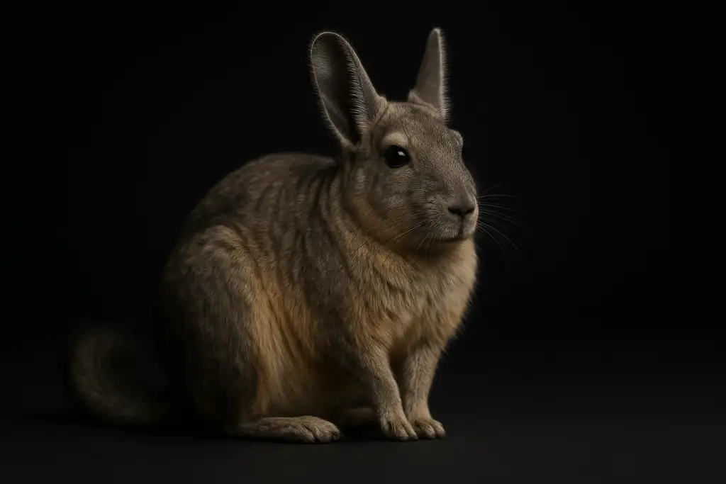 Studio portrait of a Viscacha, a fluffy Andean rodent with rabbit-like ears and soft fur, sitting gracefully against a black background.