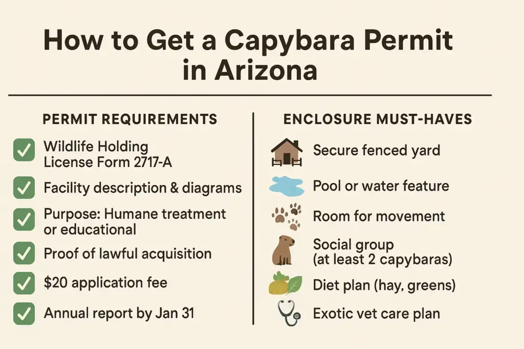Infographic detailing how to get a capybara permit in Arizona, listing permit requirements and enclosure must-haves.