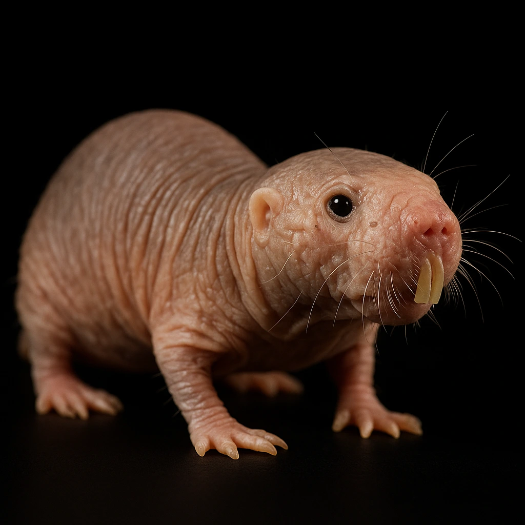 Photorealistic full-body image of a naked mole rat with detailed skin texture, representing one of the most unique world rodents