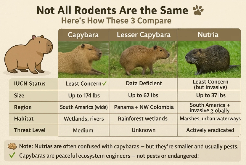 Comparison of rodents. it involves capybara, lesser capybara and Nutria.
It shows size, region, habitat, and threat level according to IUCN data.