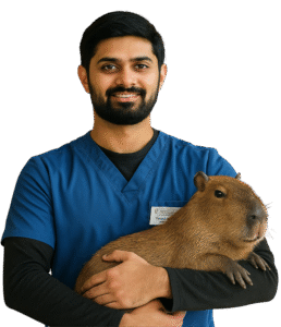 Jehangir holding a capybara in a veterinary uniform.