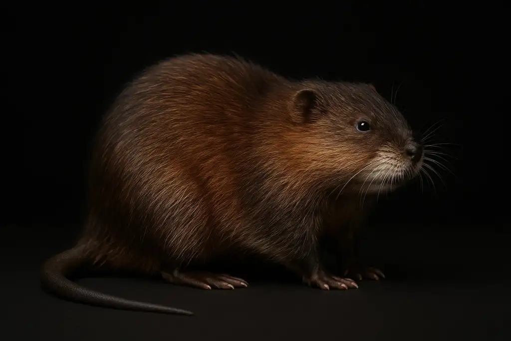 Studio image of a Muskrat with sleek brown fur and long tail, showcasing its semi-aquatic features against a dark background.