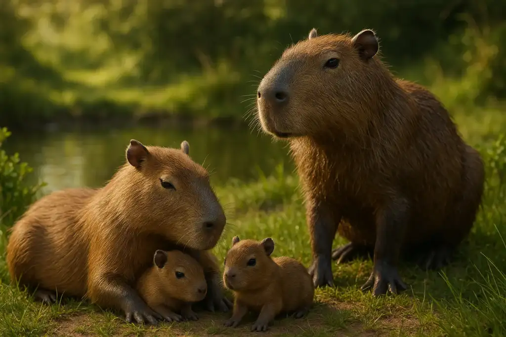 A family of capybaras, with two newly born baby capybaras resting with their mother and father in a peaceful natural setting