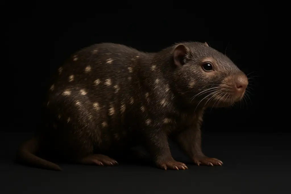 Pacarana rodent with spotted fur in a black background studio portrait, showcasing its thick body, small ears, and long tail