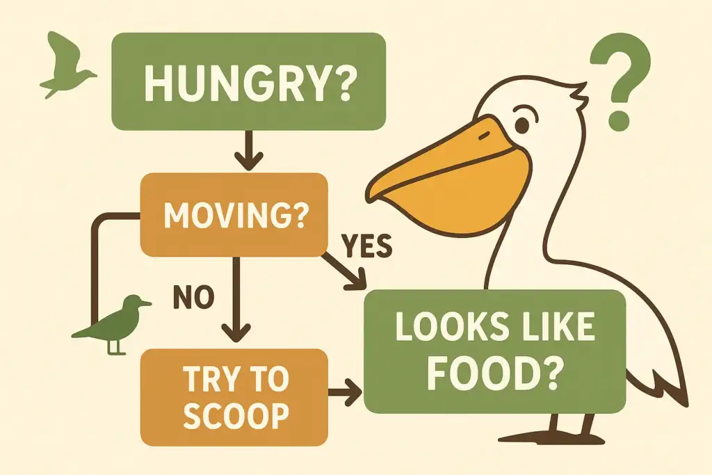A humorous flowchart showing a pelican's thought process when hungry, deciding if an object looks like food based on its movement.