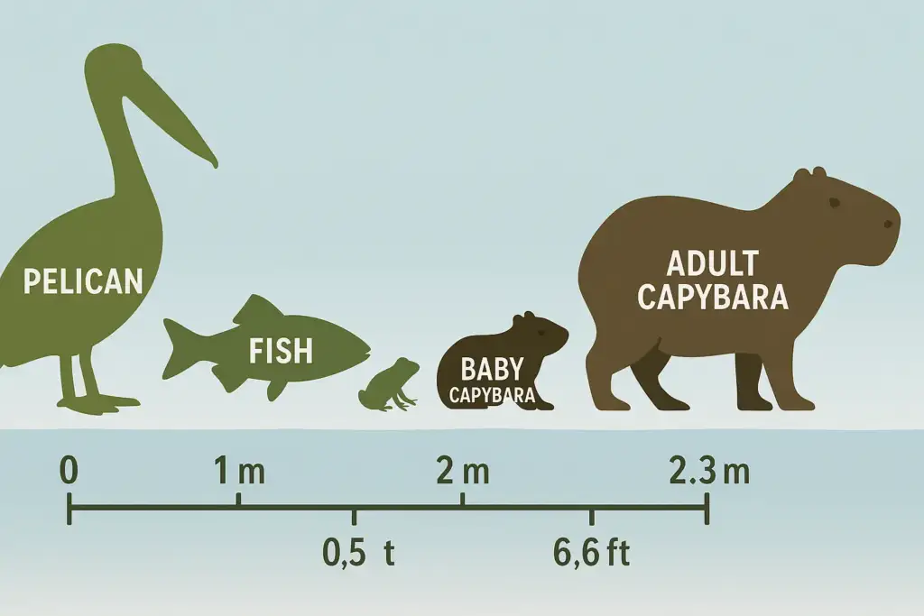 Comparison of a pelican's size with other animals including a fish, frog, baby capybara, and adult capybara.