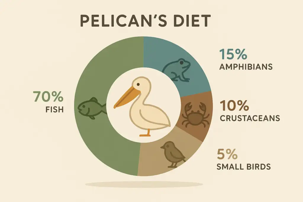 Pie chart showing a pelican's diet, with 70% fish, 15% amphibians, 10% crustaceans, and 5% small birds.