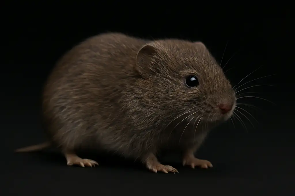 Ultra-detailed full-body image of a Bavarian Pine Vole (Microtus bavaricus) standing on a matte-black surface, with soft cinematic lighting and a completely black background