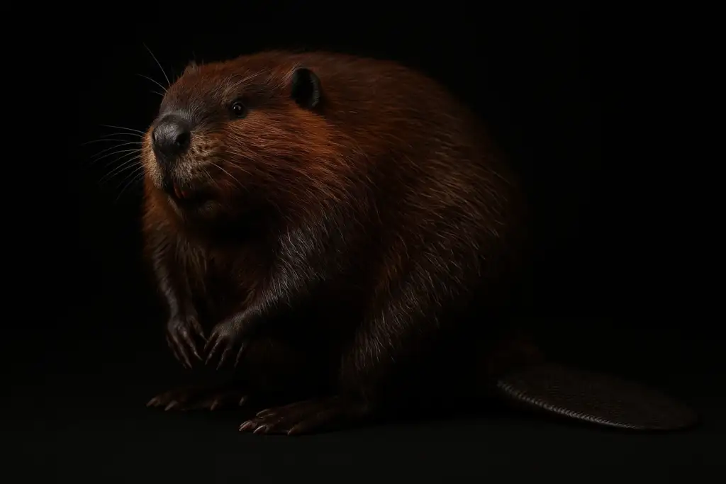 Full-body image of a beaver seated on a matte-black surface against a black background, showing detailed fur, paddle tail, and prominent orange incisors in a lifelike studio pose.