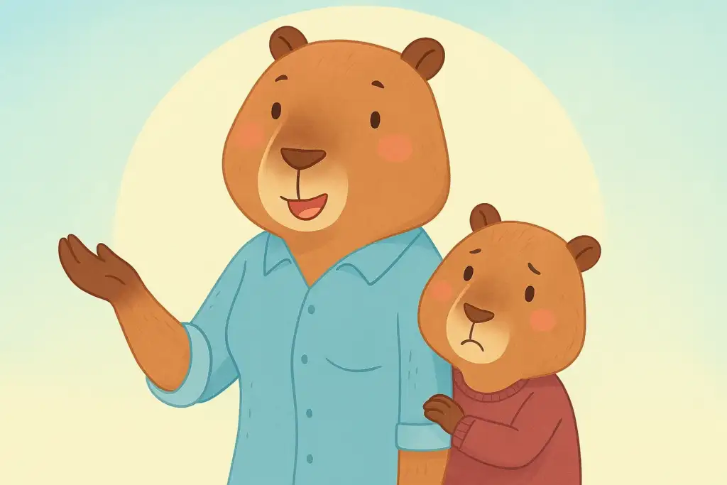 Cartoon of a mother capybara and her child, with the mother showing a protective gesture, illustrating the concept that mothers can bite if they feel threatened.