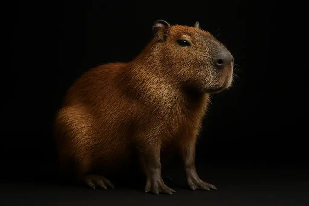 High-resolution full-body image of a Capybara (Hydrochoerus hydrochaeris) standing naturally on a matte-black surface, against a pure black background with cinematic lighting and lifelike anatomical detail