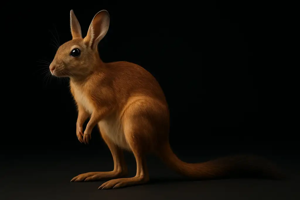 African springhare, a kangaroo-like rodent, standing upright on hind legs with a bushy tail in a studio portrait against a black background