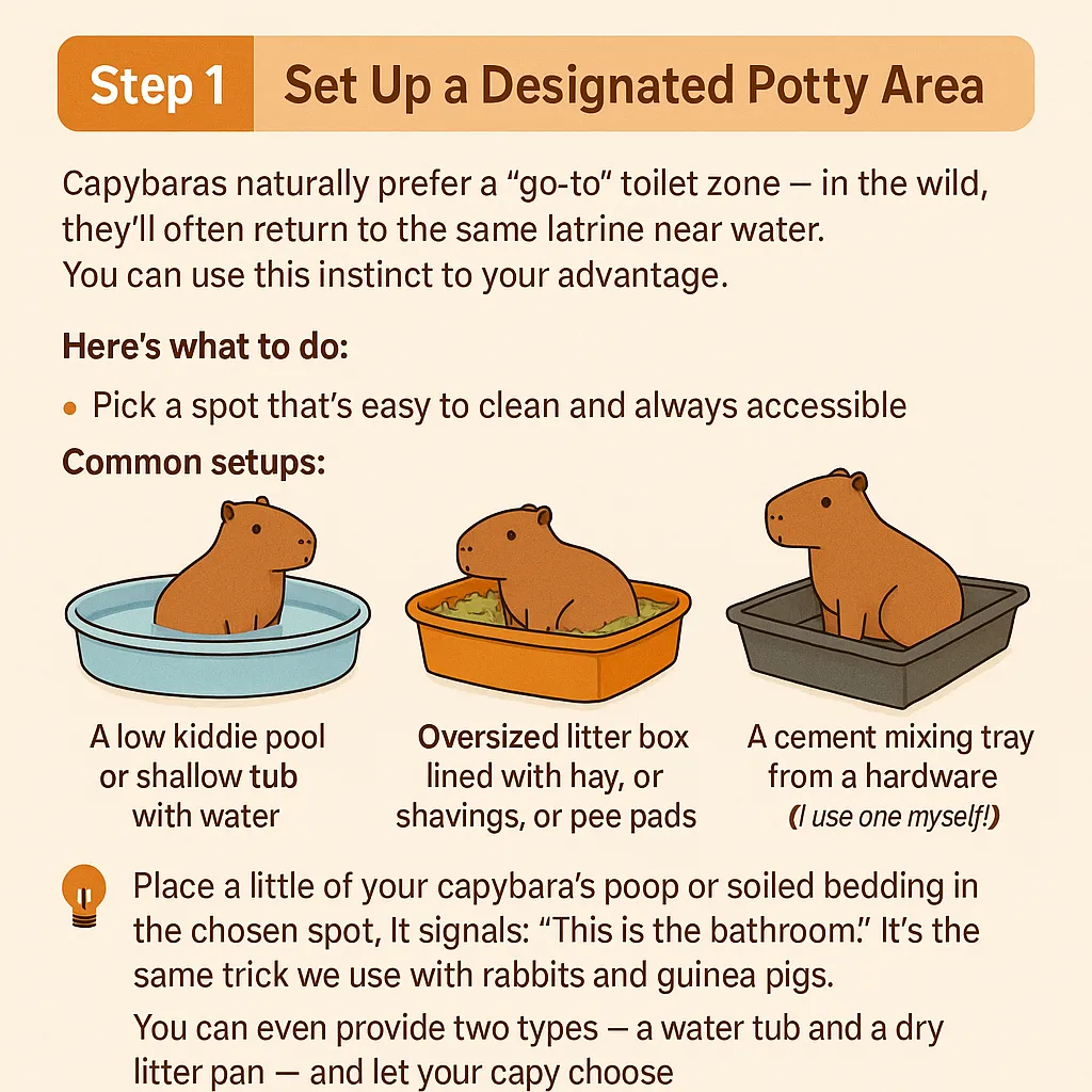 Illustration showing three capybaras each sitting in a different type of potty area: a low kiddie pool with water, an oversized litter box with hay, and a cement mixing tray. The image is part of a guide for setting up a designated potty area for capybaras.