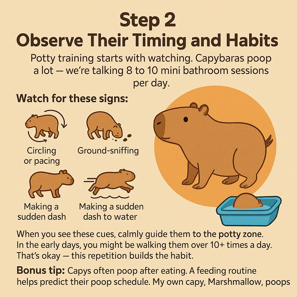 This image is an infographic that contains step 2 of capybara potty training. observe timing and habits of capybara doing potty. watch for the signs to avoid any accident.