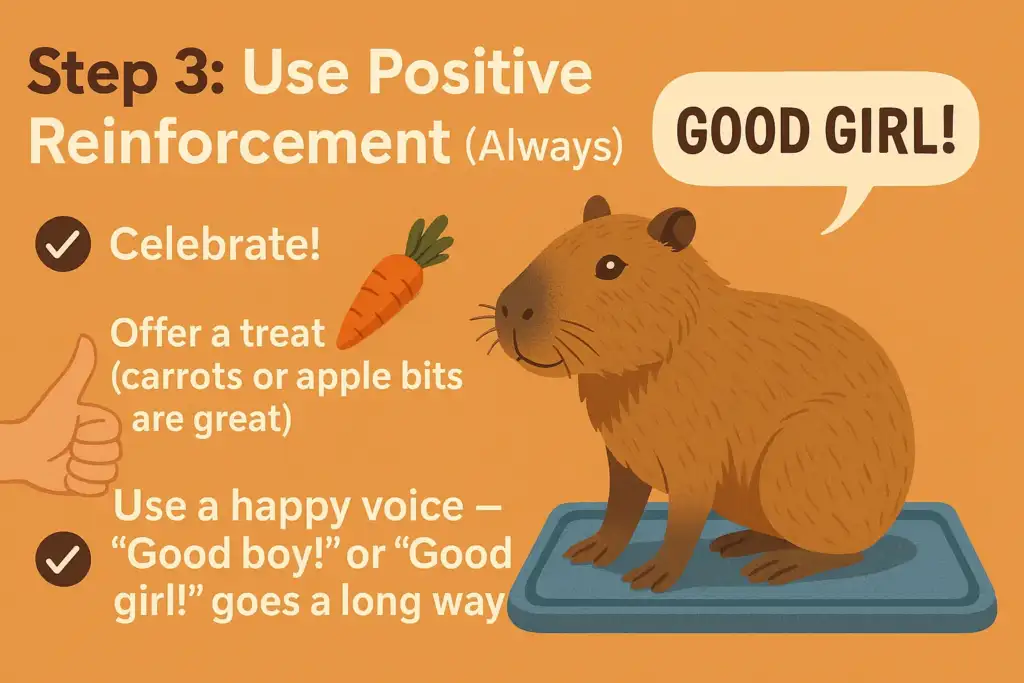 This is an infographic that is about step 3 of capybara potty training. in this step, you have to give positive rewards in order to encourage the good potty habits.