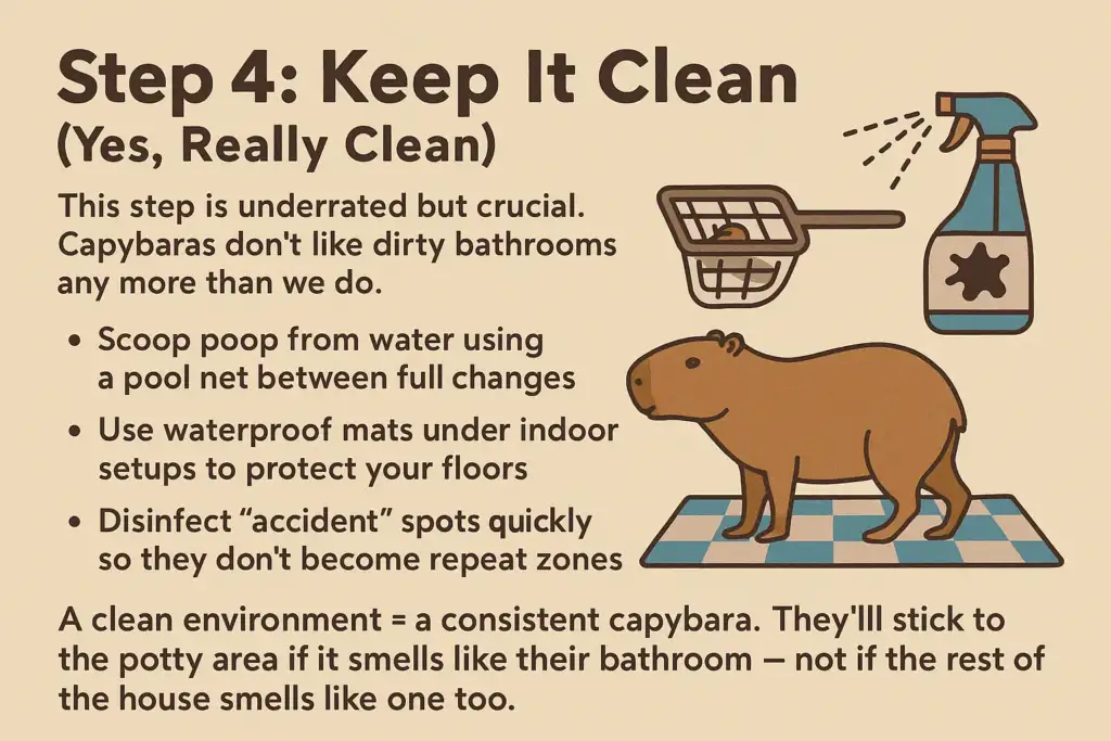 this infographic is Step 4 of capybara potty training. In this step you have to keep things clean. Capybara often urinate or potty where they smell their potty that was done before.