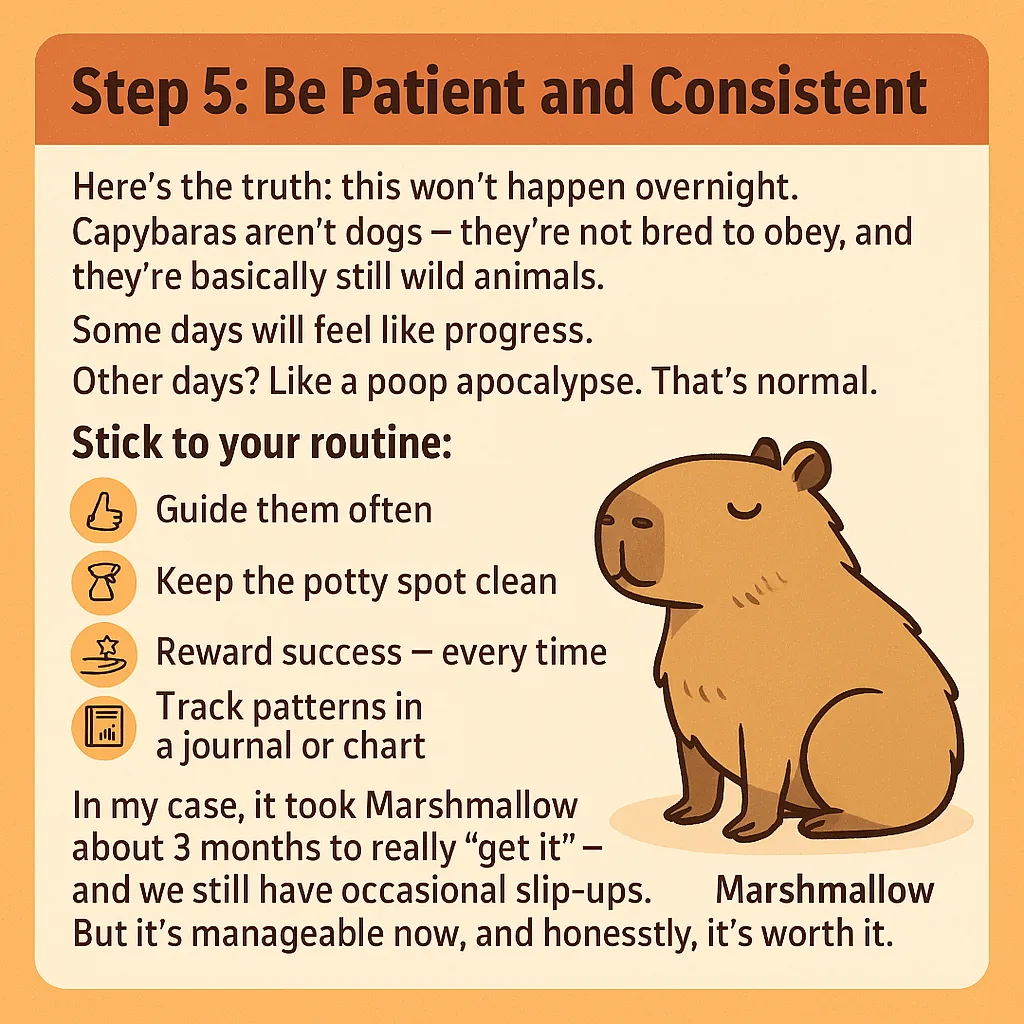 This infographic is about step 5 of Capybara Potty Training Guide. In this step, the author wants pet owners to remain patient and calm as training a capybara isn't a one-night thing.