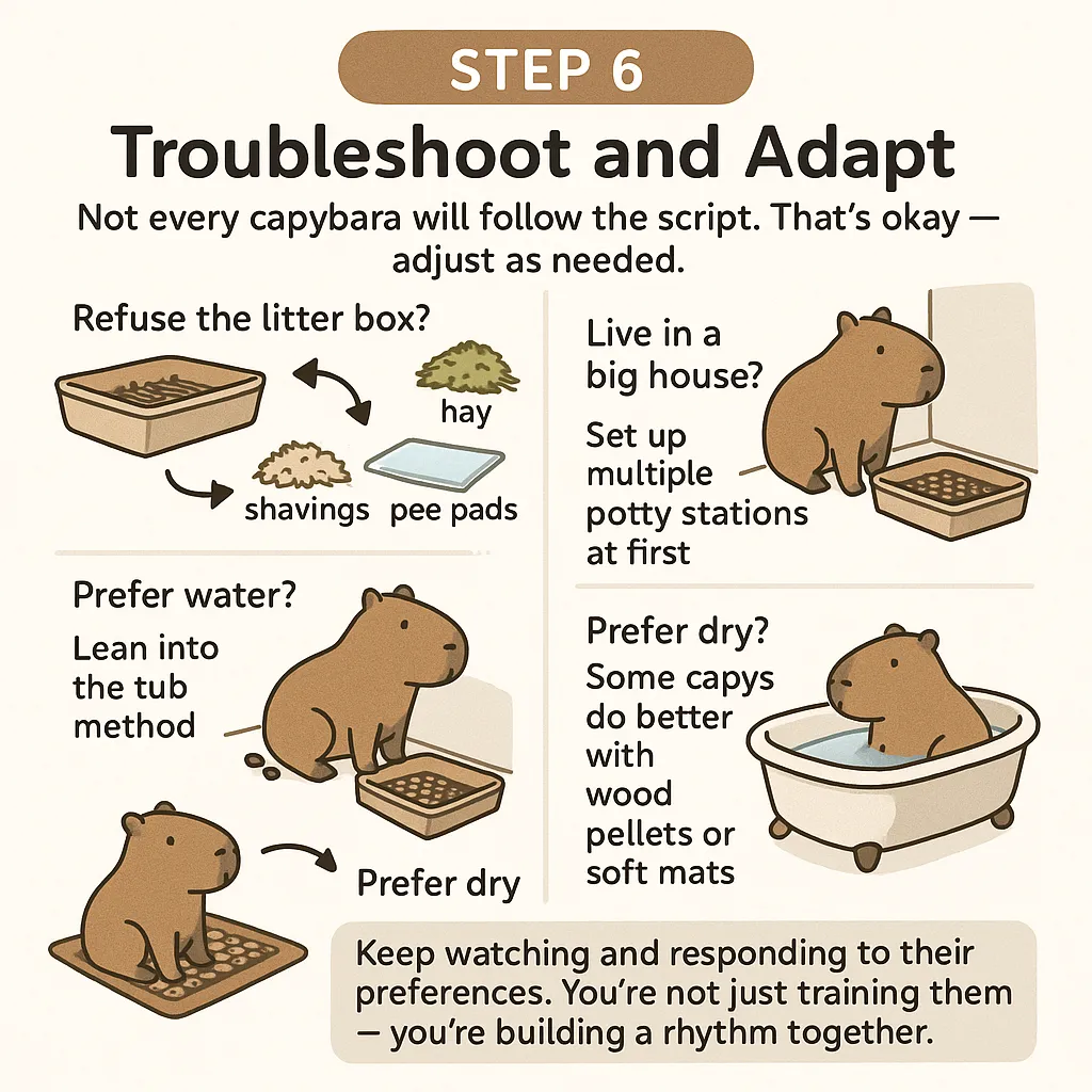 this infographic is step 6 of Capybara Training Guide. In this step, you have to look for mistakes and troubleshoot. You have to adapt the capybara behavior as we can't expect them to follow the script, and mistakes can happen.