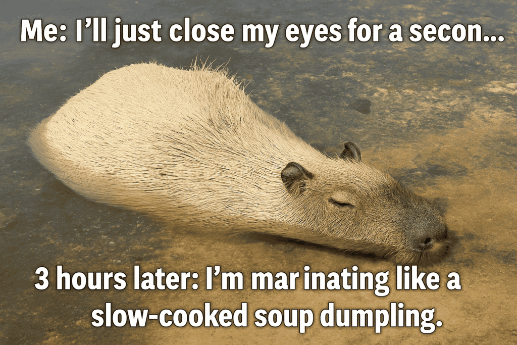 A capybara floating in the water with its eyes closed, humorously captioned about falling into a deep sleep.