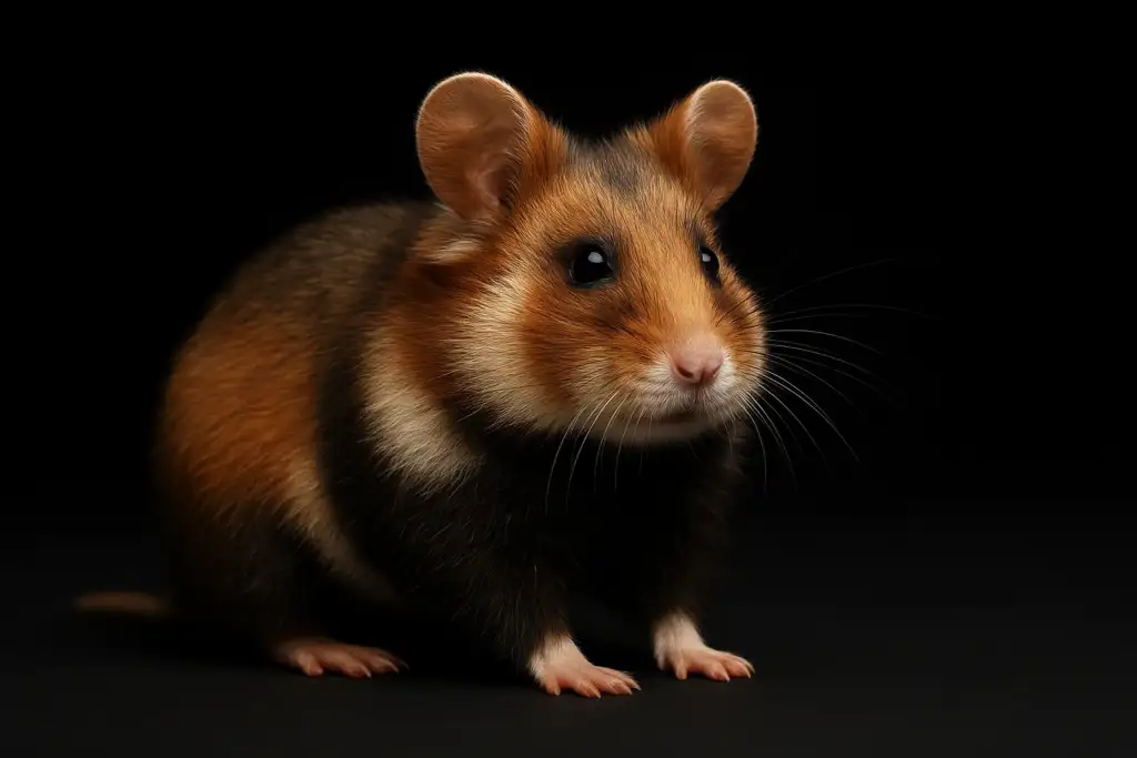 Full-body portrait of a European Wild Hamster (Cricetus cricetus) sitting on a matte-black surface, captured in high-resolution with realistic lighting and detailed fur texture