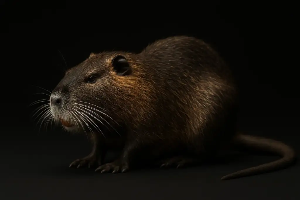 Hyper-realistic full-body image of a Coypu (Nutria) captured in a studio setting with matte-black background, showing detailed fur, whiskers, orange incisors, and leathery tail.