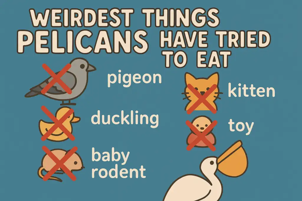 Infographic listing the weirdest things pelicans have tried to eat, including pigeons, ducklings, kittens, toys, and baby rodents.