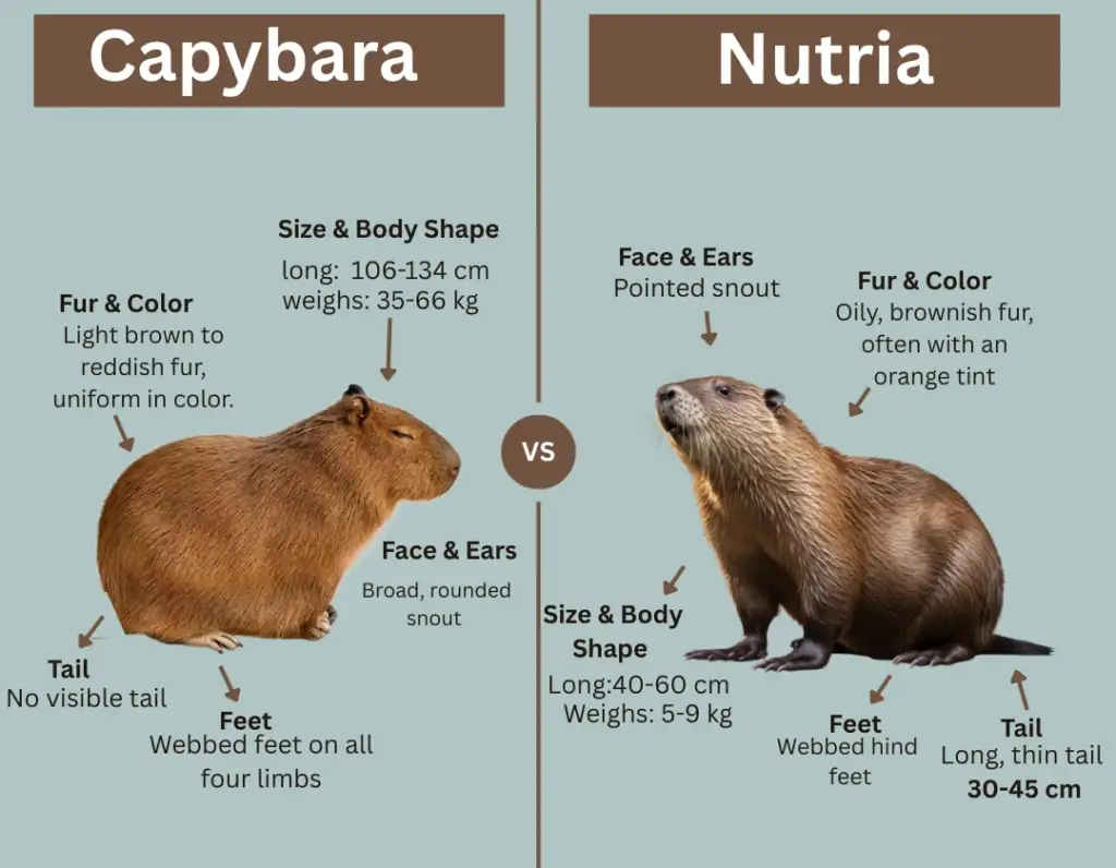Capybara vs Nutria comparison chart showing differences in size, fur color, tail, feet, and facial features.
